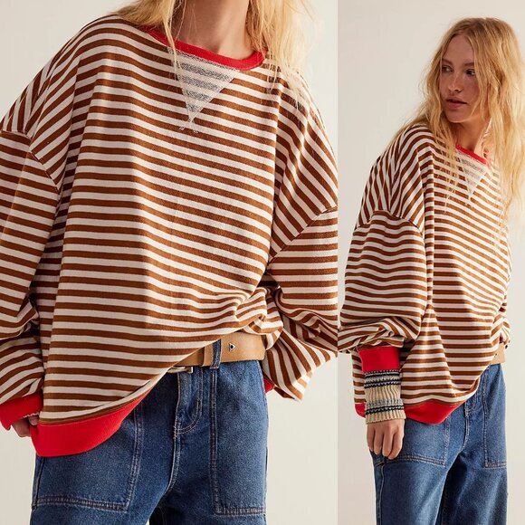 Free People Tops - Free People We The Free Classic Striped Oversized Crewneck S Coffee Combo $98